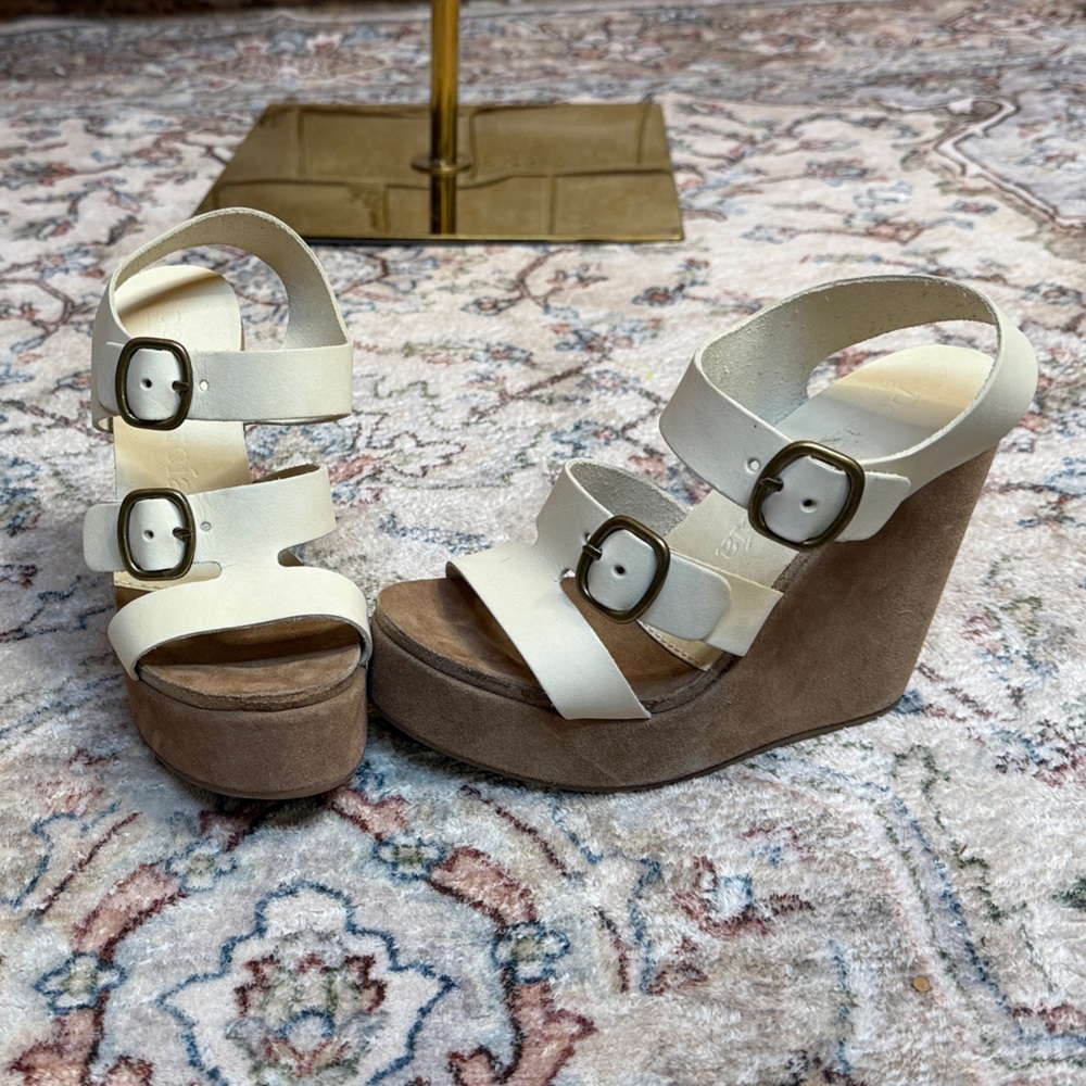 Pedro Garcia Cream and Brown Wedge Sandals - 38.5